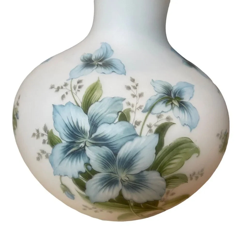 Vintage Italian Vase 10 Inch Frosted Blue Satin Art Glass Iris Flowers Gold Gilt